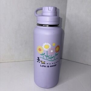 Life Is Good 32oz Insulated Water Bottle Purple Sunflower Dog Theme double‎ wall